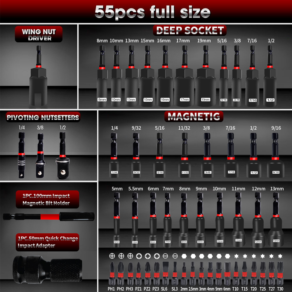 55PCS Magnetic Impact Nut Driv - Power Tools List ulasan dan harga